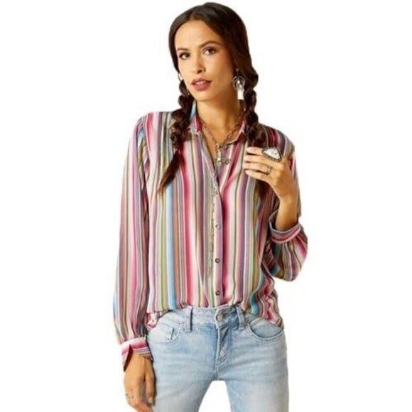Ariat Women's Long Sleeve Naran Chiffon Blouse Top Serape Stripe - Picture 1 of 4